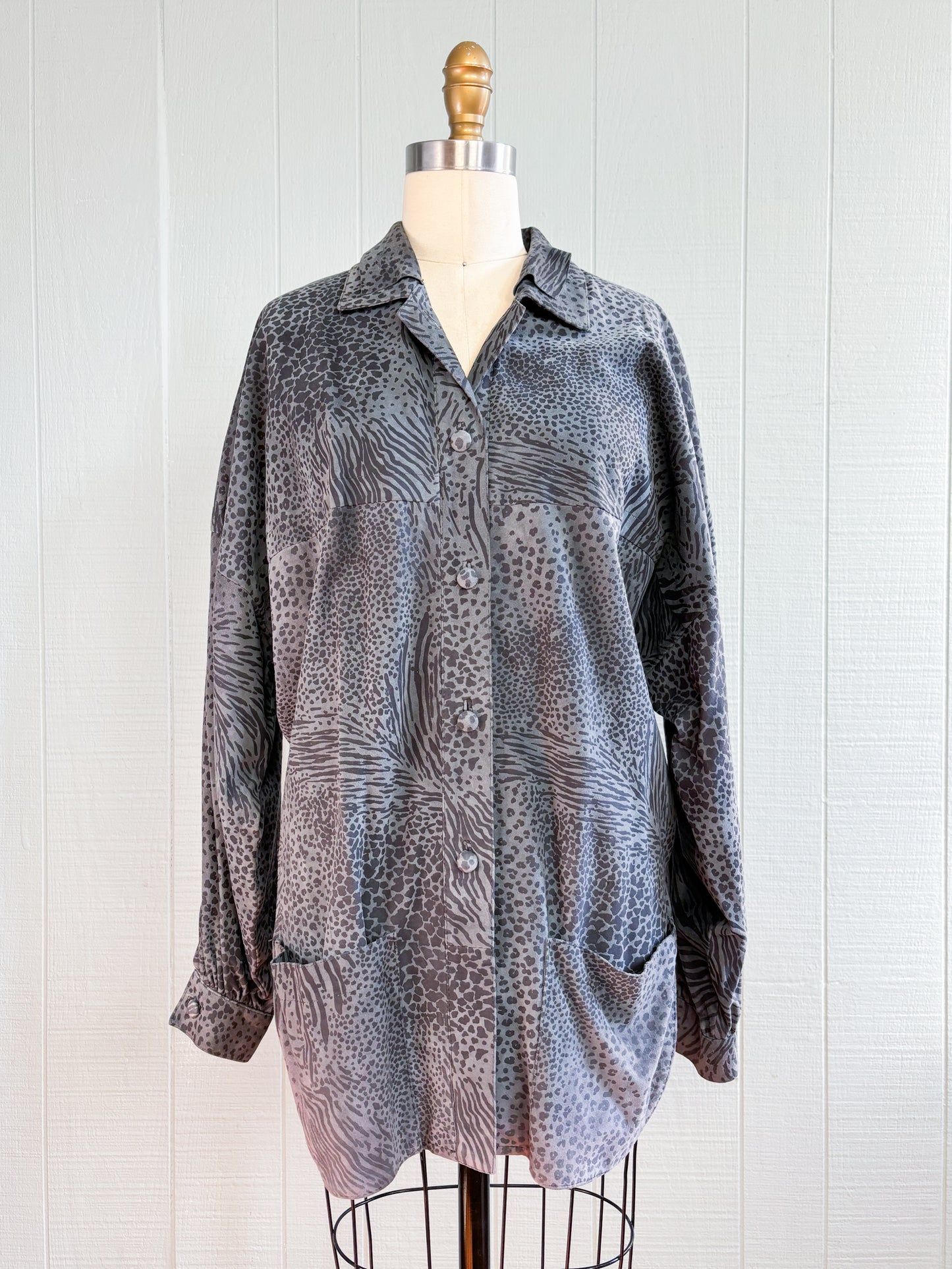 80's Grey Animal Print Leopard Drop Shoulder Shirt Jacket