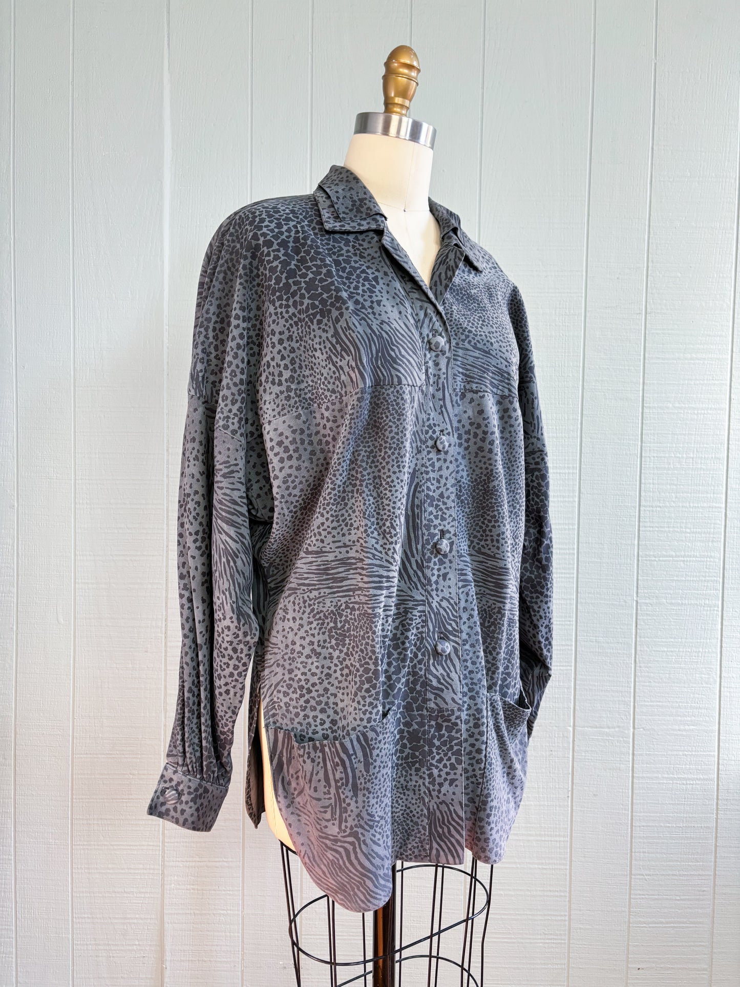 80's Grey Animal Print Leopard Drop Shoulder Shirt Jacket