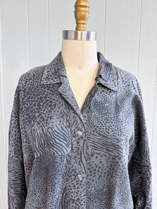 80's Grey Animal Print Leopard Drop Shoulder Shirt Jacket