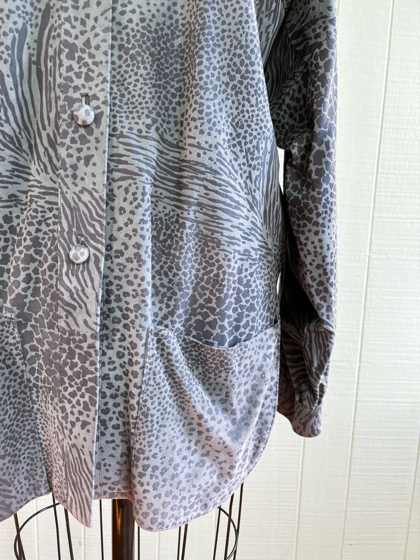 80's Grey Animal Print Leopard Drop Shoulder Shirt Jacket