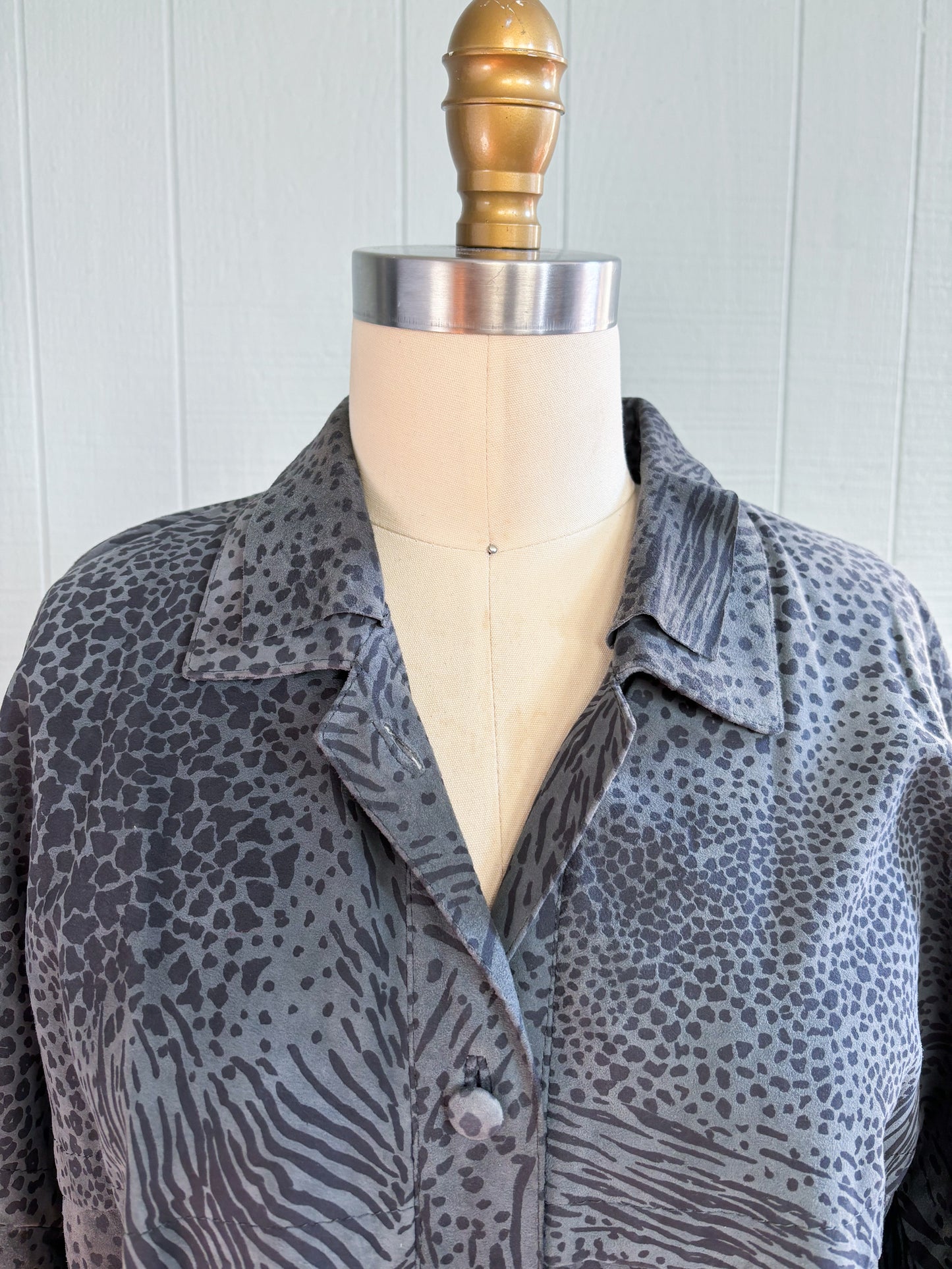 80's Grey Animal Print Leopard Drop Shoulder Shirt Jacket