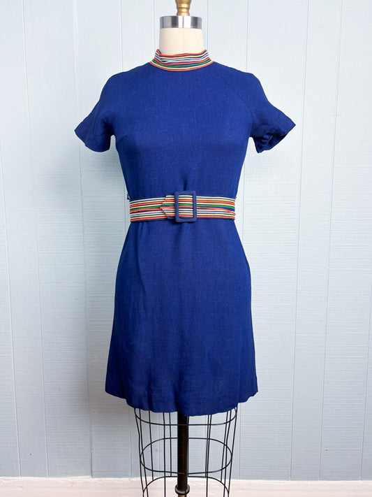 60's Navy Rainbow Trim Mockneck Linen Short Sleeve Mini Dress