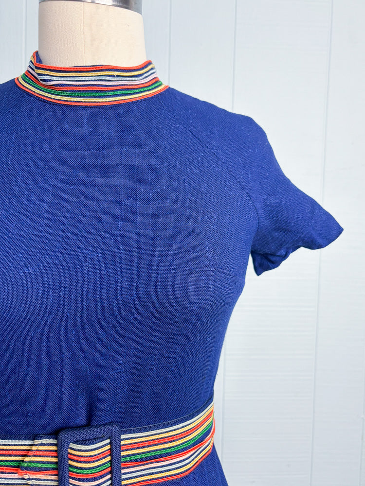 60's Navy Rainbow Trim Mockneck Linen Short Sleeve Mini Dress