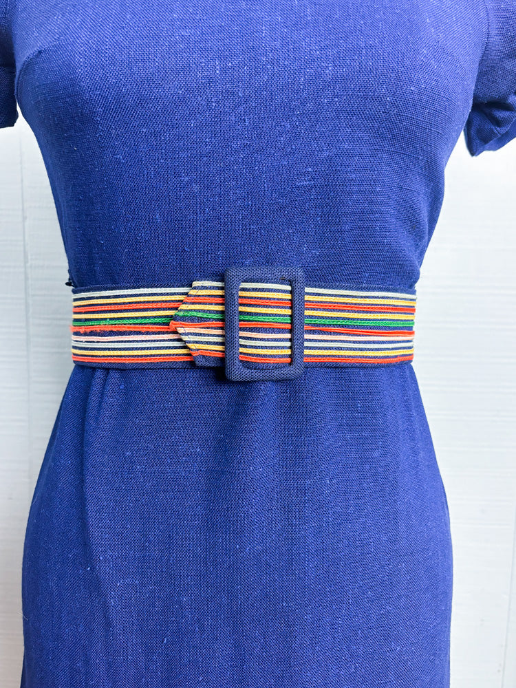 60's Navy Rainbow Trim Mockneck Linen Short Sleeve Mini Dress