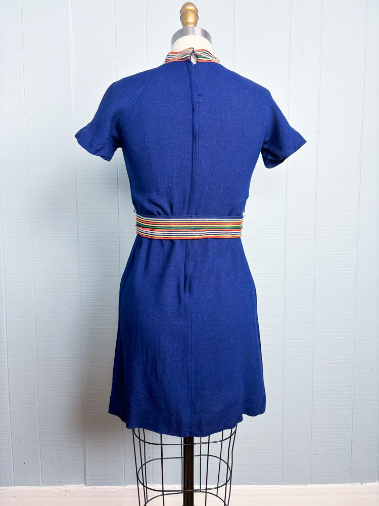 60's Navy Rainbow Trim Mockneck Linen Short Sleeve Mini Dress