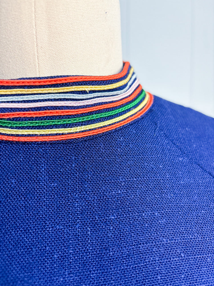 60's Navy Rainbow Trim Mockneck Linen Short Sleeve Mini Dress