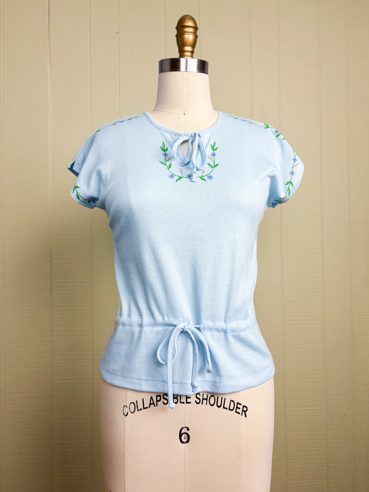 70's Baby Blue Bows & Flowers Cinched Single Stitch T Shirt