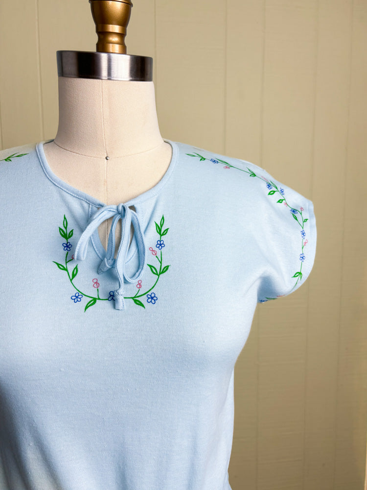 70's Baby Blue Bows & Flowers Cinched Single Stitch T Shirt
