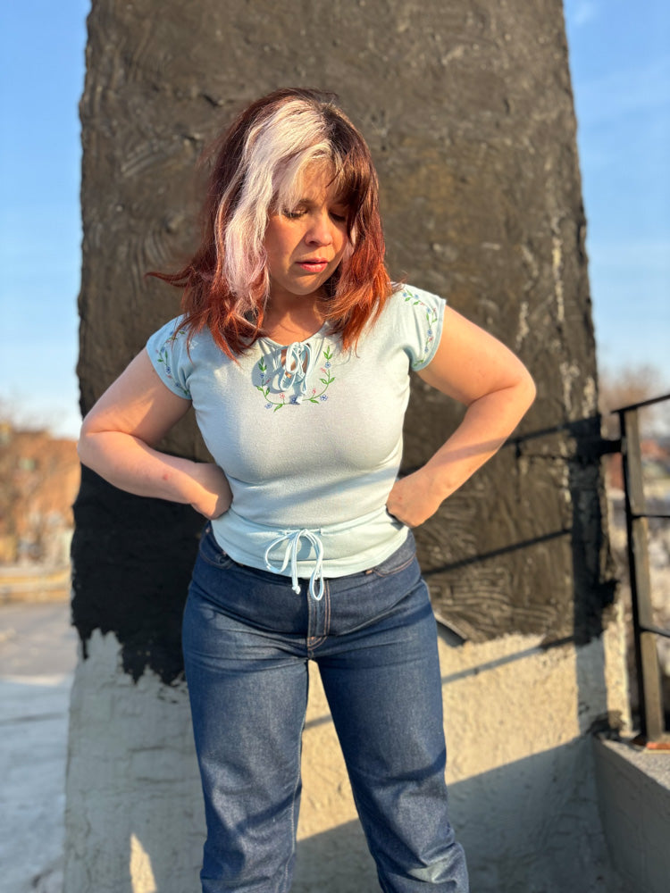 70's Baby Blue Bows & Flowers Cinched Single Stitch T Shirt