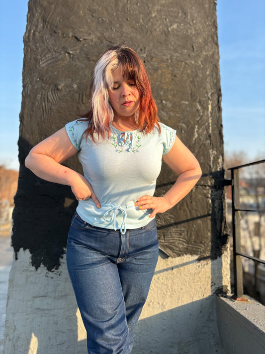 70's Baby Blue Bows & Flowers Cinched Single Stitch T Shirt