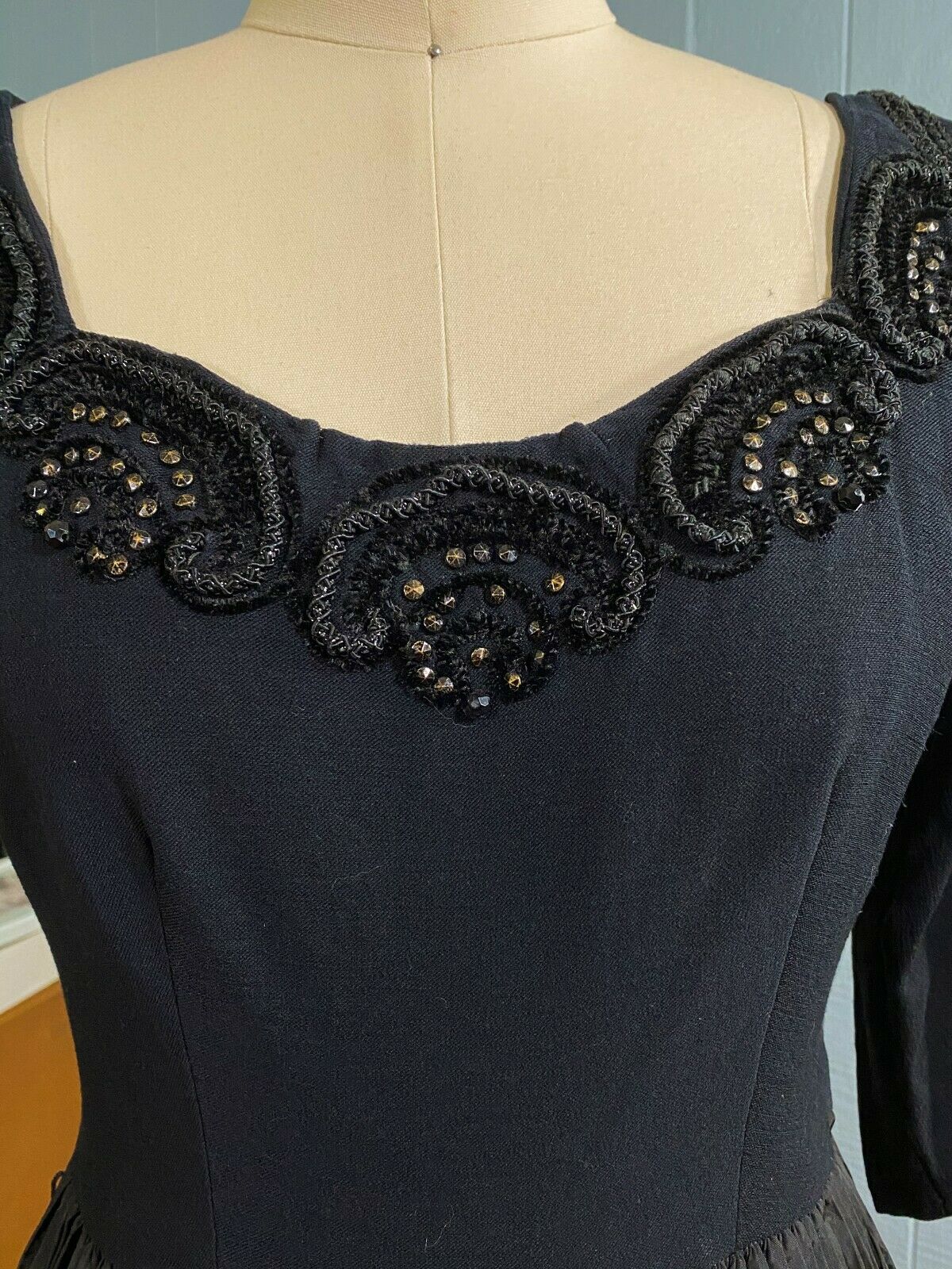 40s 50s Black Jeweled Wool Ballet Dress | XS/S