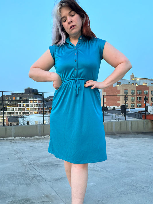 70's Teal Cap Sleeve Smocked Stretch Knit Twirl Dress