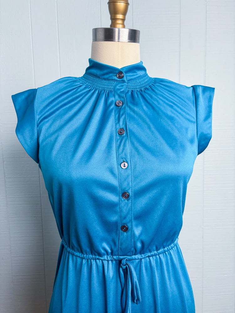 70's Teal Cap Sleeve Smocked Stretch Knit Twirl Dress