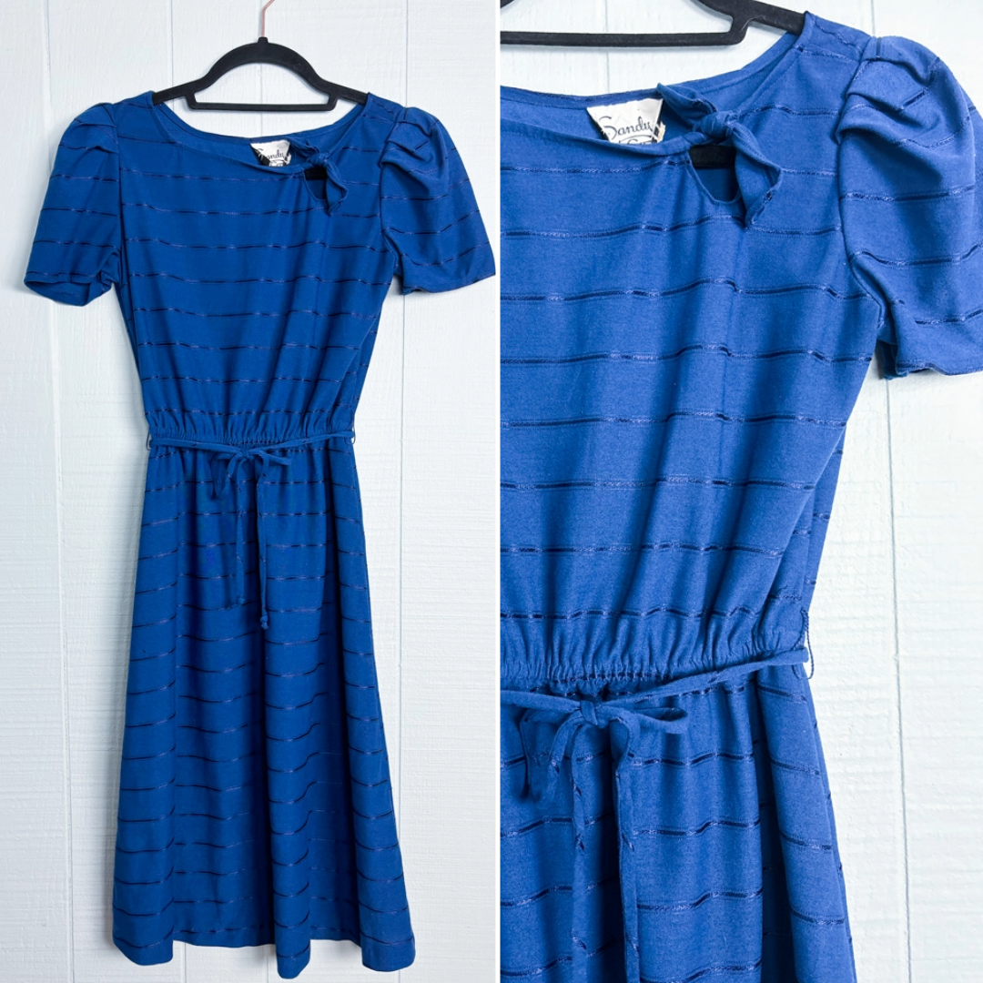 80's Navy Stripe Puff Sleeve A-Line Dress