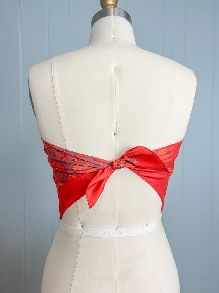 70's Rust Red Silky Scarf with Dusty Lavender Flowers