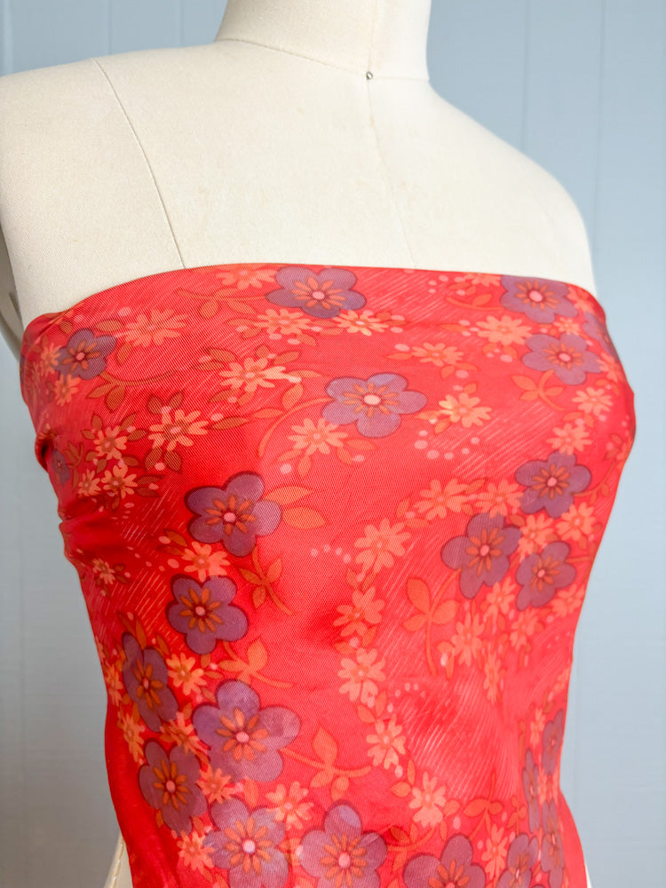 70's Rust Red Silky Scarf with Dusty Lavender Flowers