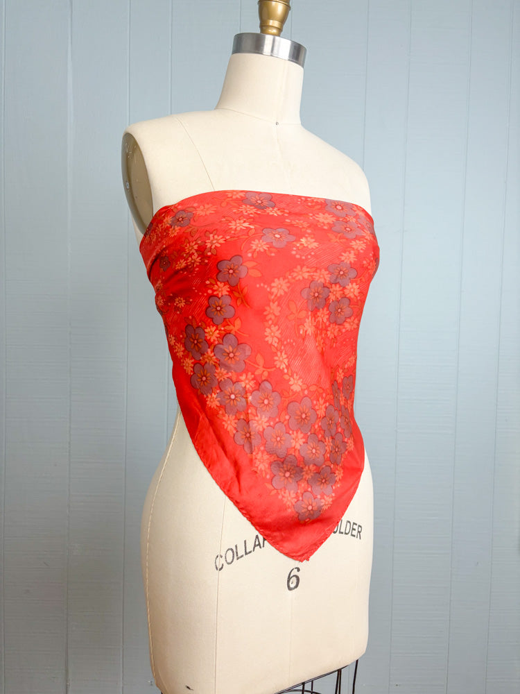 70's Rust Red Silky Scarf with Dusty Lavender Flowers