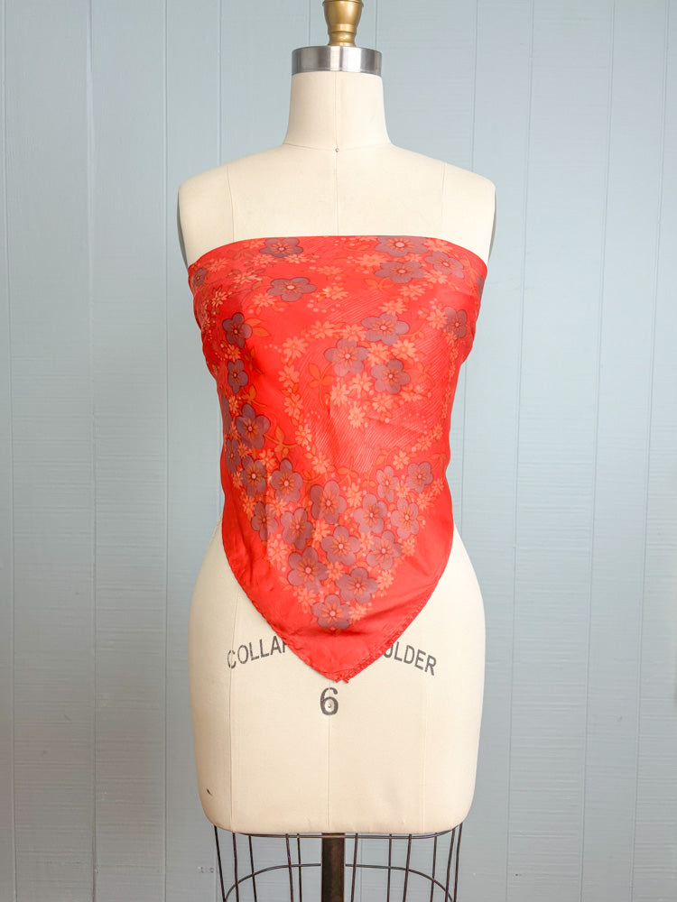 70's Rust Red Silky Scarf with Dusty Lavender Flowers