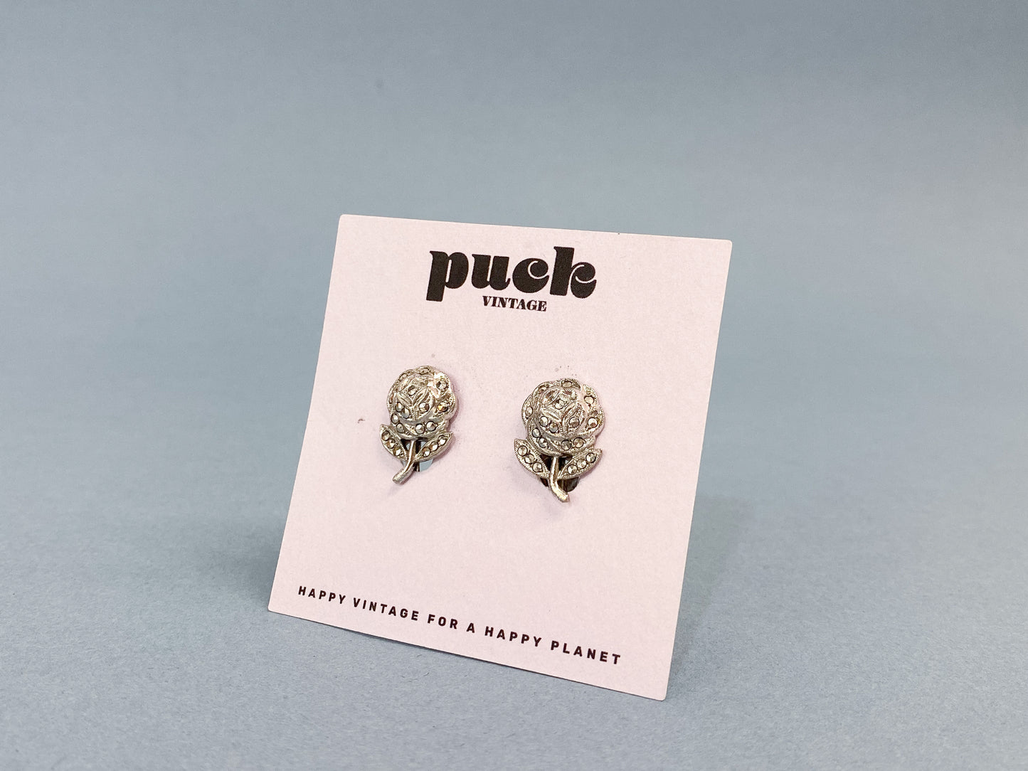 50's Sterling Silver Rose Rhinestone Screwback Earrings
