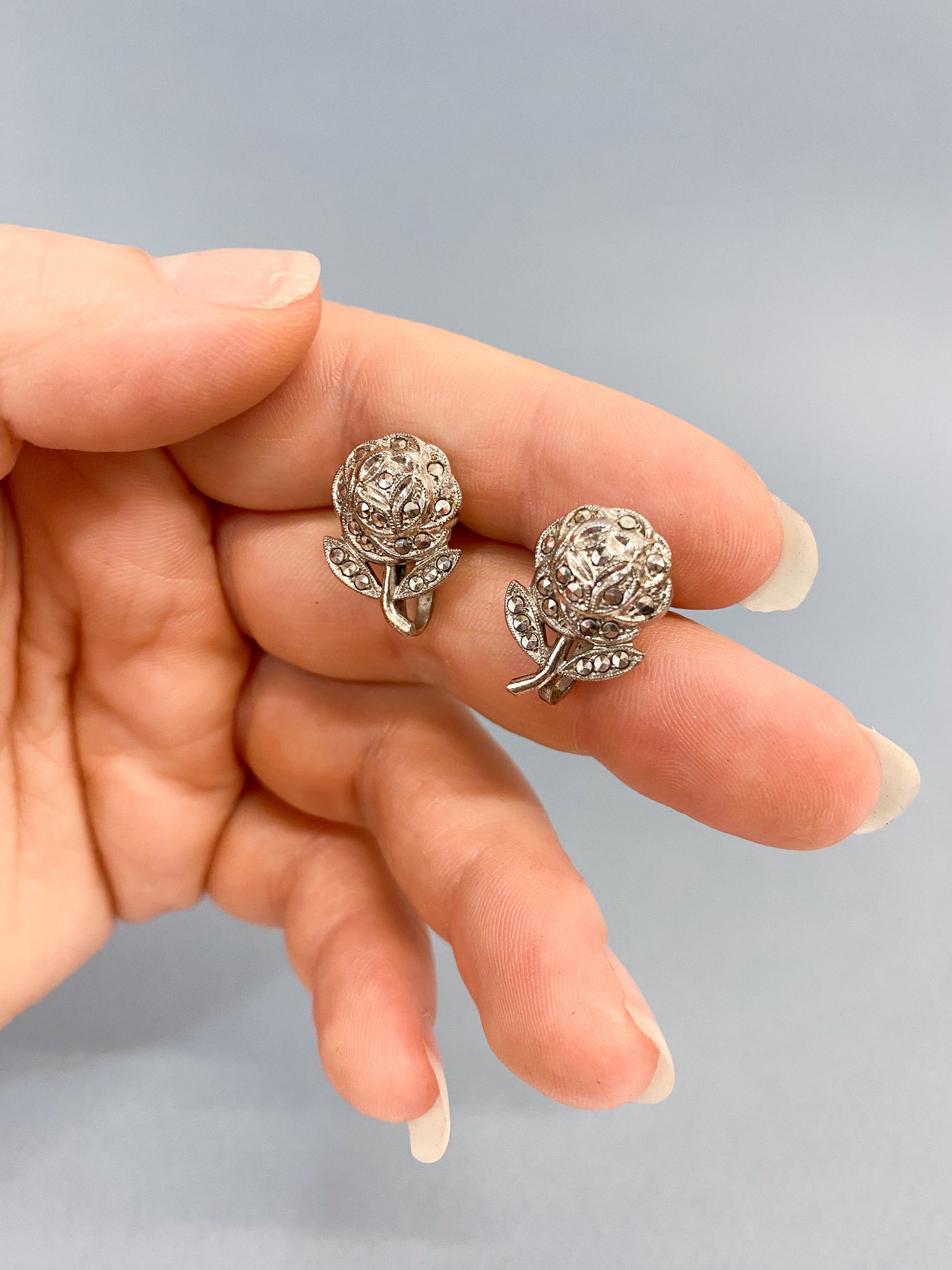 50's Sterling Silver Rose Rhinestone Screwback Earrings