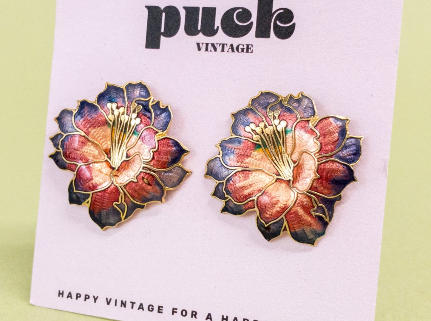 80's Purple Magenta Gold Lily Flower Enamel Earrings
