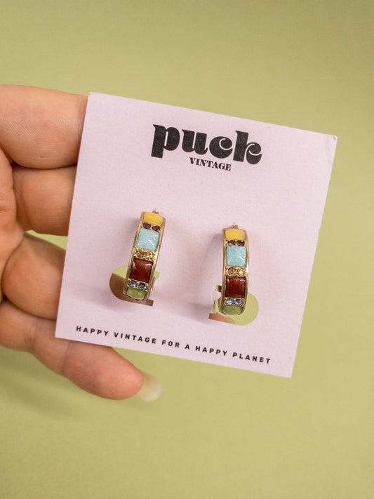 90's Y2K Jewel Tone Enamel & Rhinestone Hoop Earrings