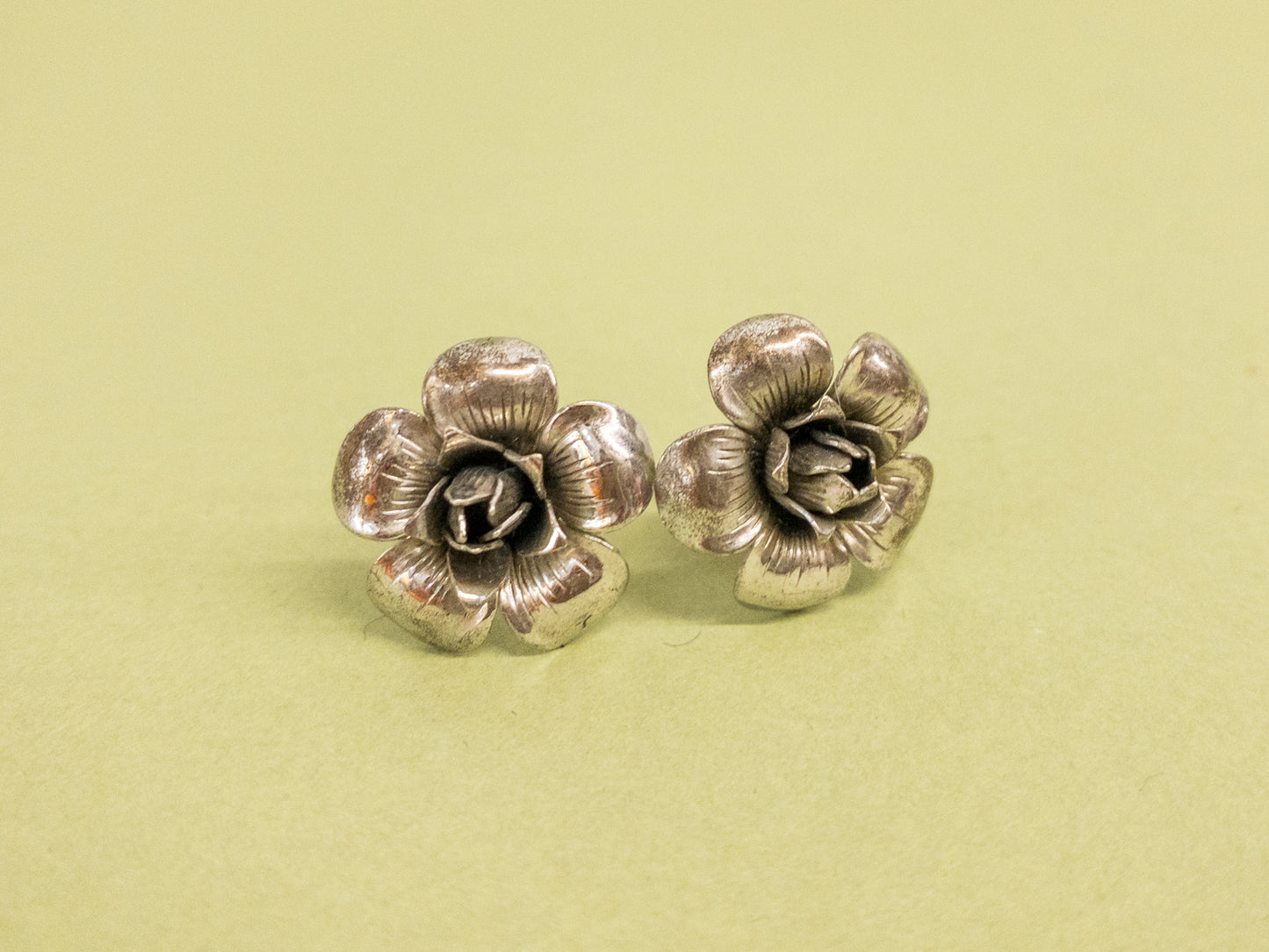 50's Sterling Silver 3D Rose Screwback Earrings