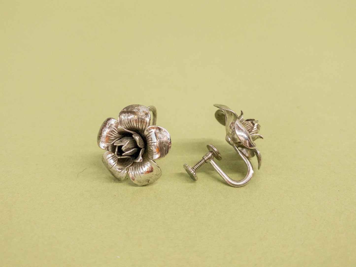 50's Sterling Silver 3D Rose Screwback Earrings