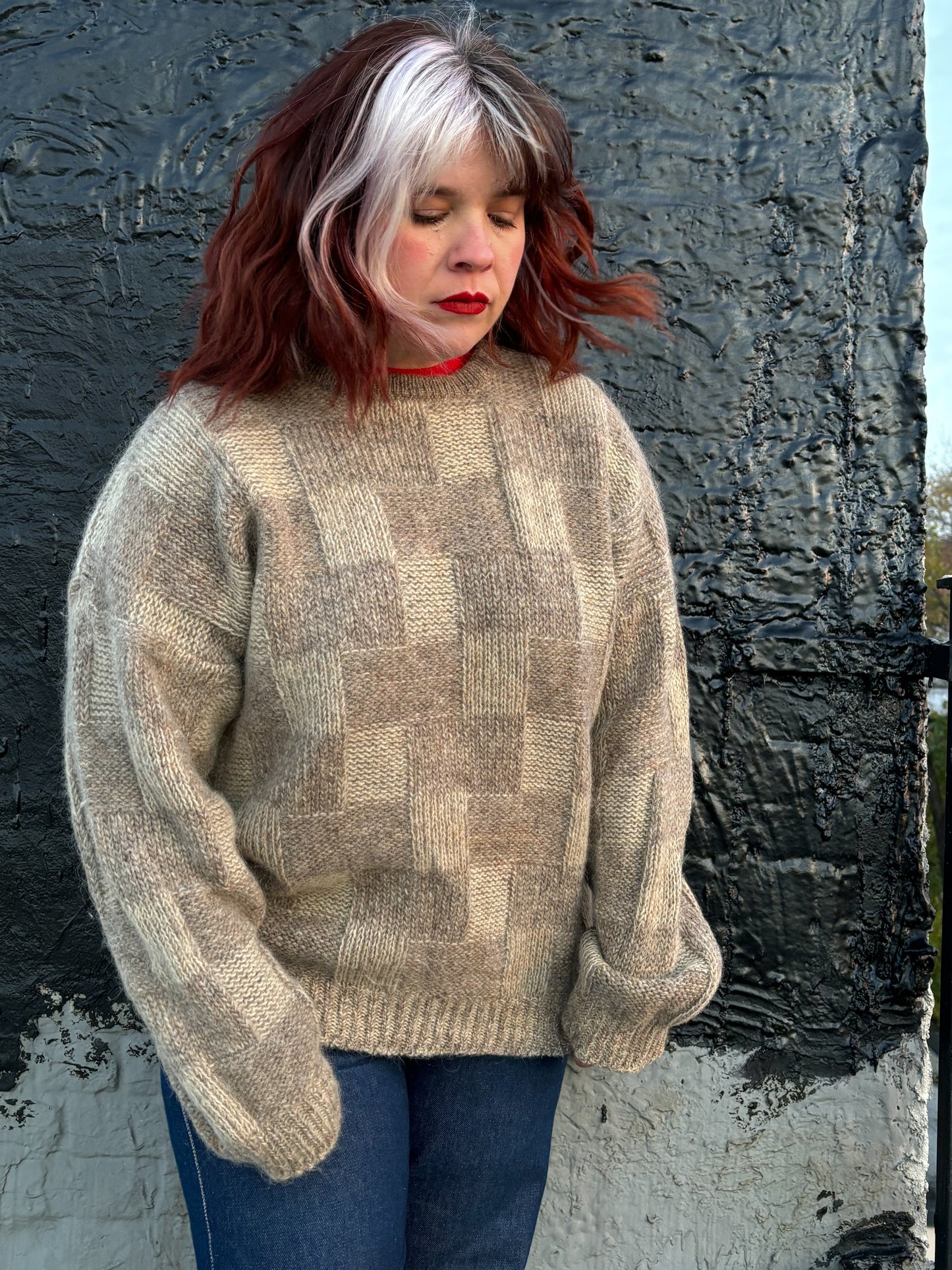 80s 90s Tan Brown Checkerboard Chunky Knit Sweater