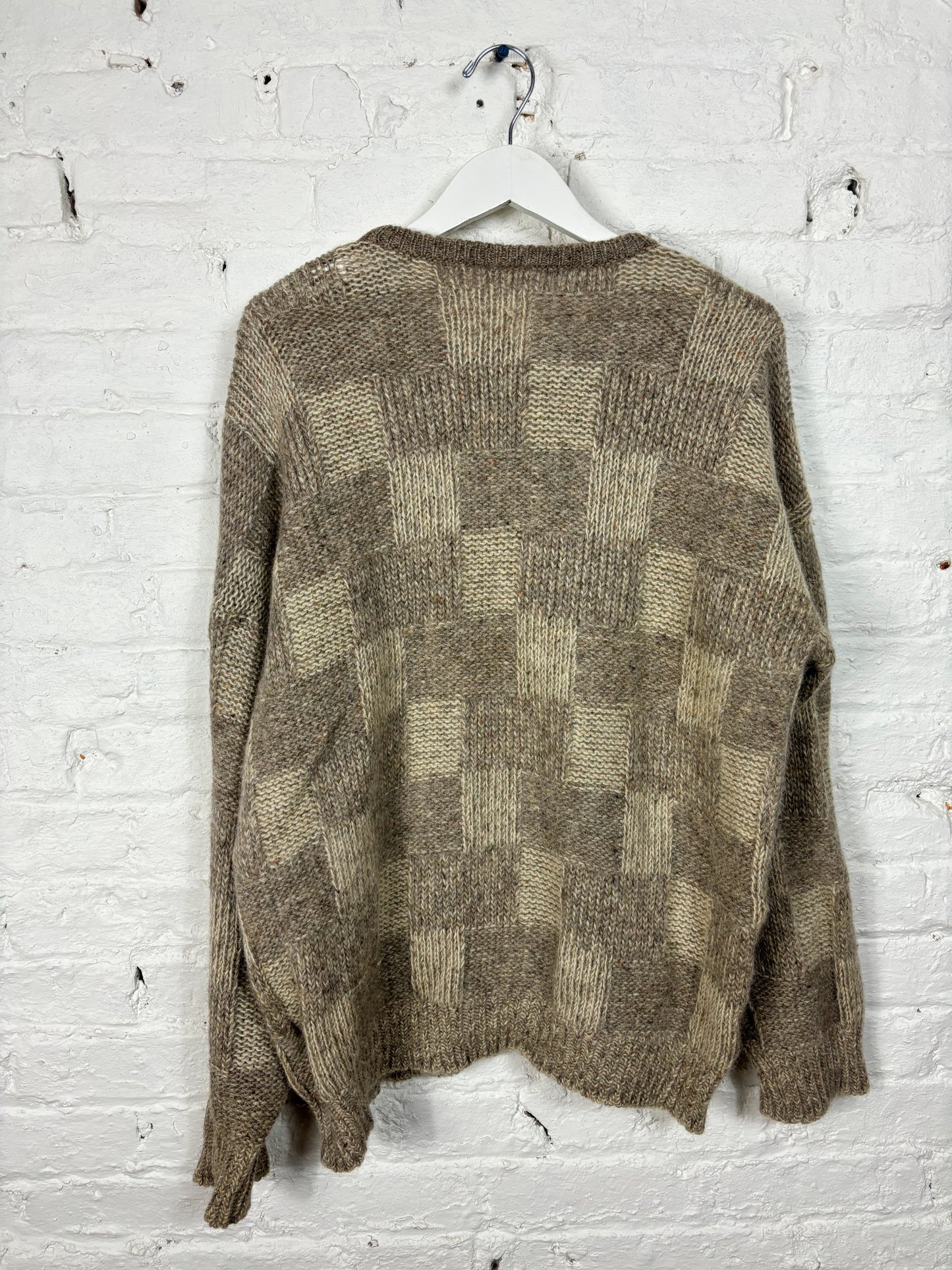 80s 90s Tan Brown Checkerboard Chunky Knit Sweater