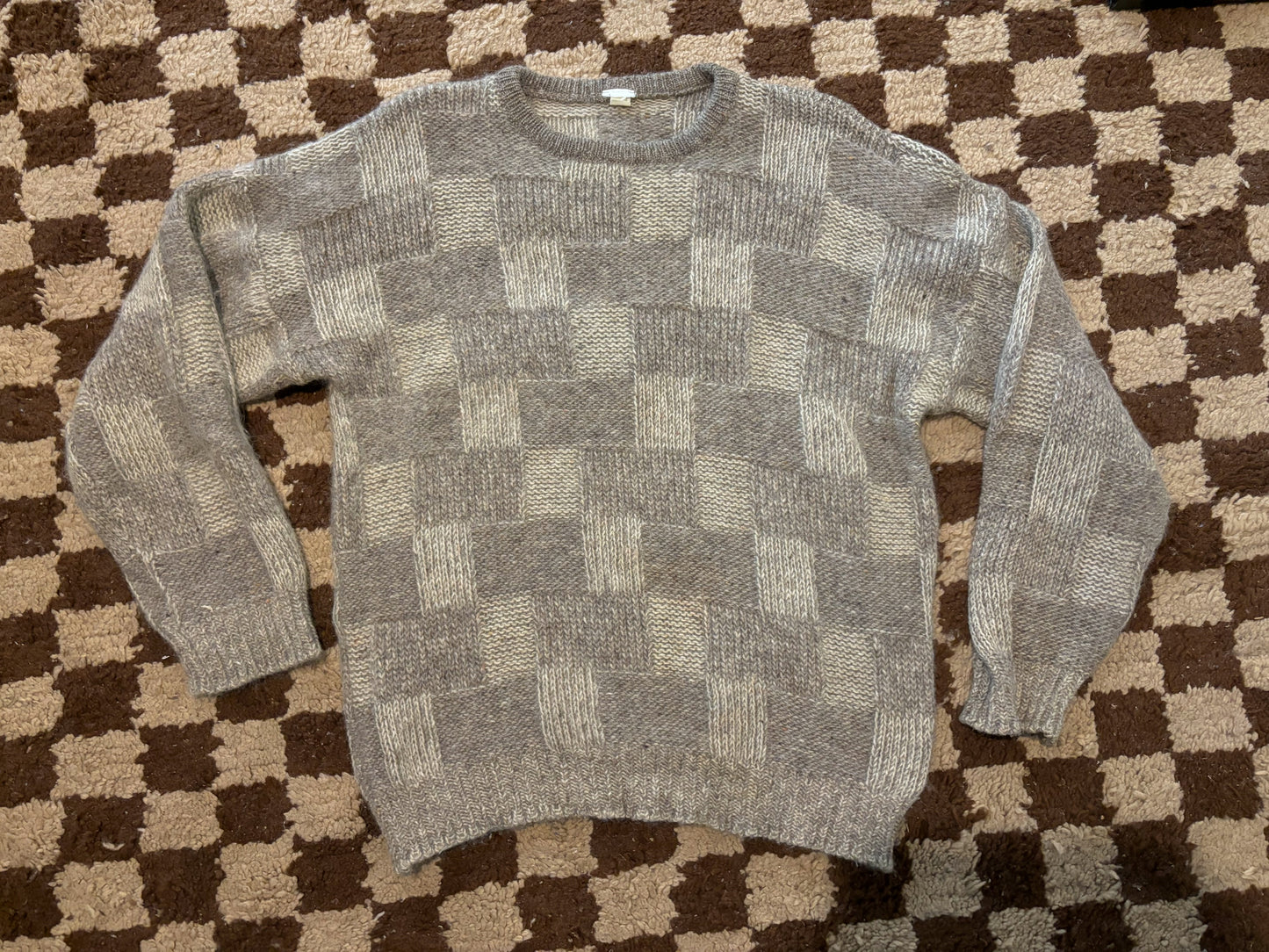 80s 90s Tan Brown Checkerboard Chunky Knit Sweater