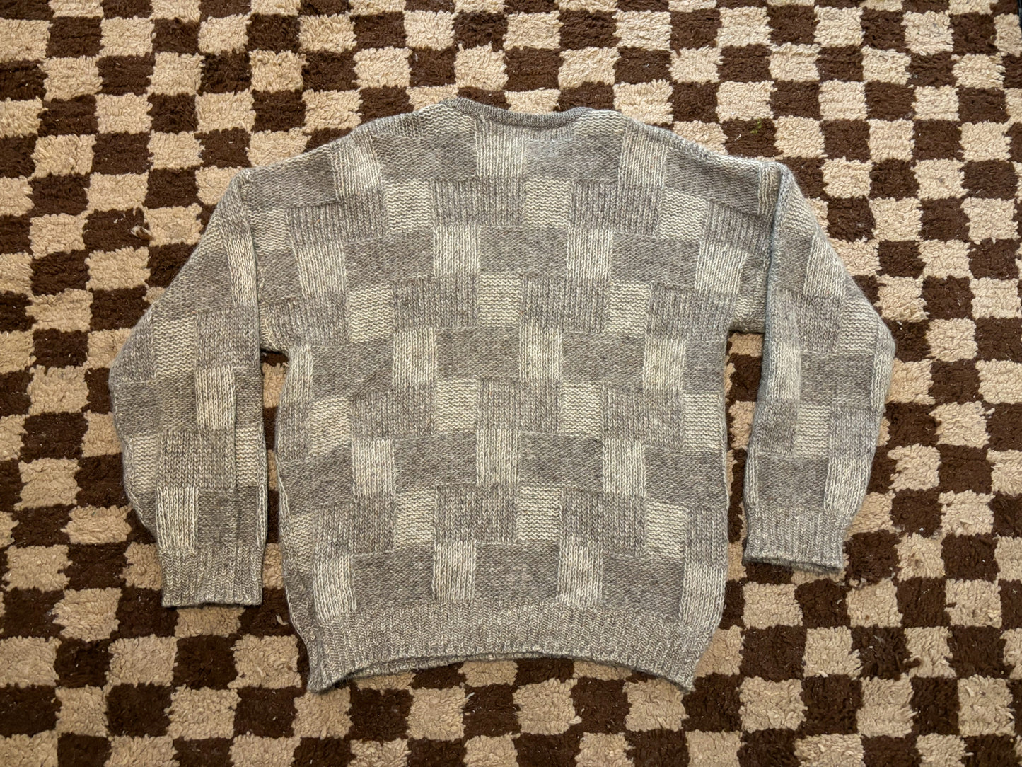 80s 90s Tan Brown Checkerboard Chunky Knit Sweater