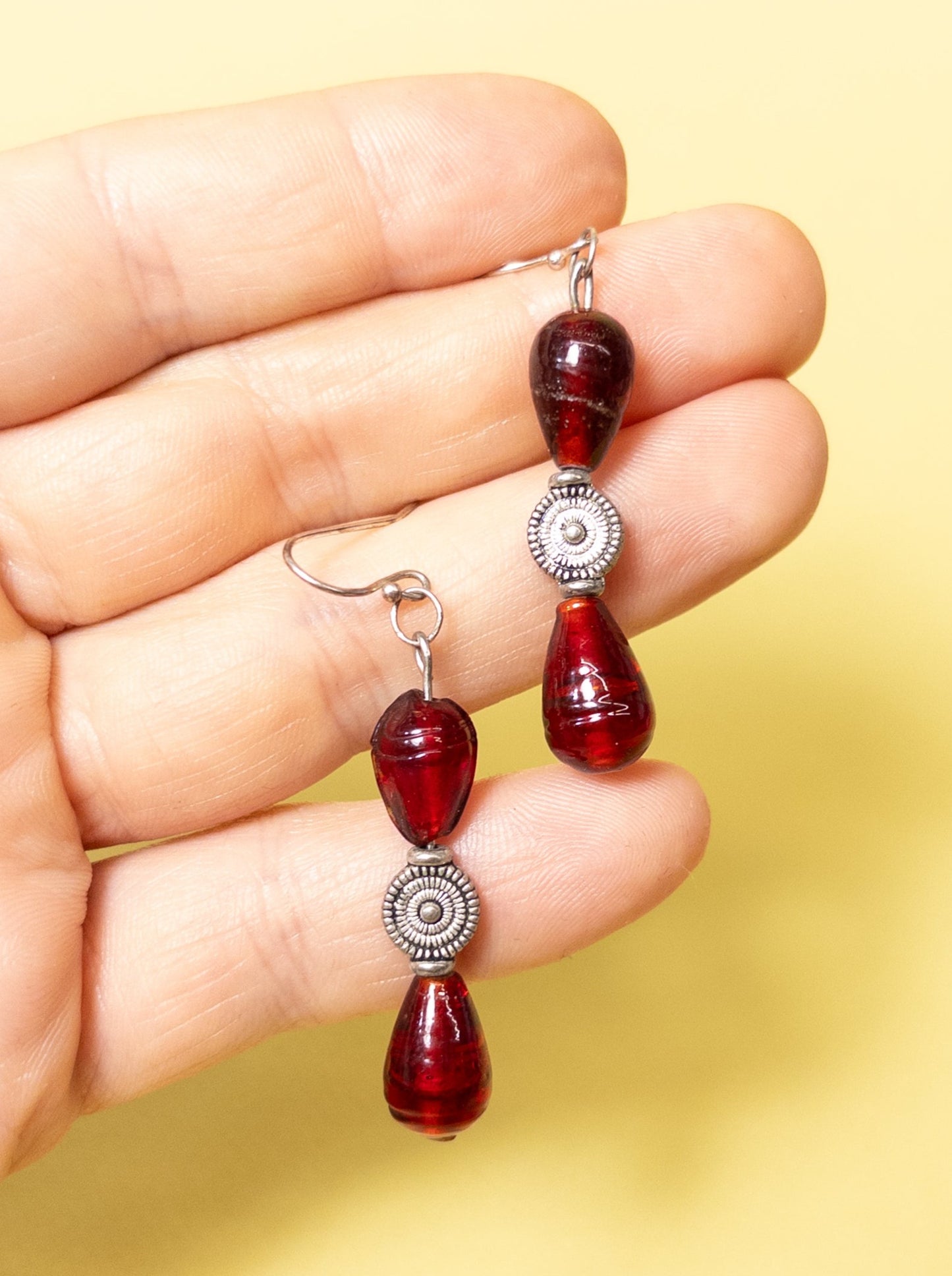 Vintage Wine Red & Silver Dangle Earrings