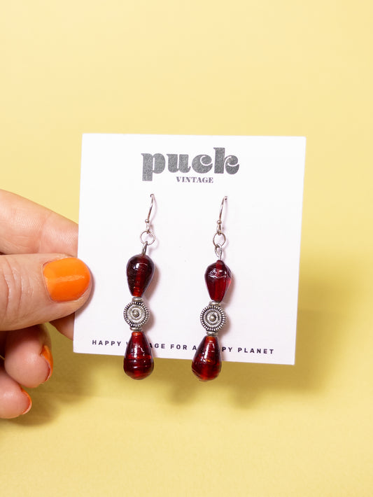 Vintage Wine Red & Silver Dangle Earrings