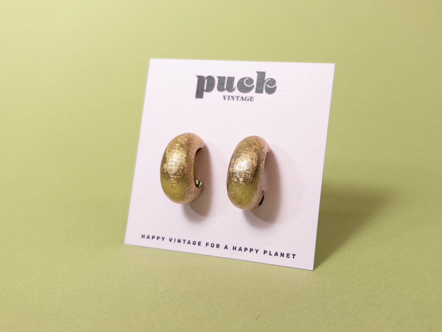 80's 90's Gold Chunky Hatchmark Huggie Hoop Clip On Earrings