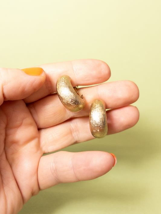 80's 90's Gold Chunky Hatchmark Huggie Hoop Clip On Earrings