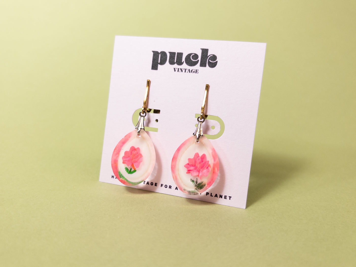 Vintage Pink Roses in Resin Clip On Earrings