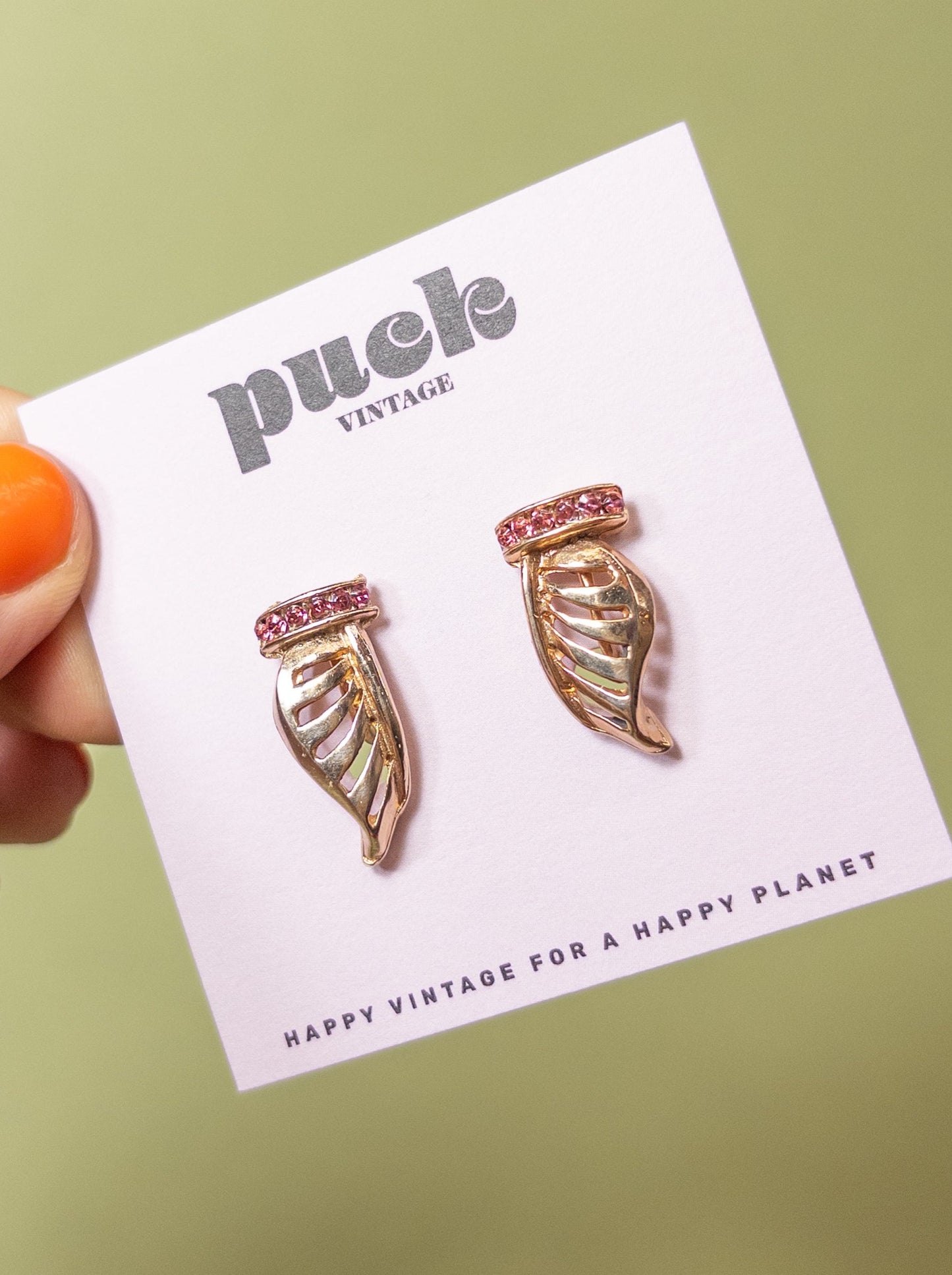 Vintage Gold Winged Pink Rhinestone Screwback Earrings