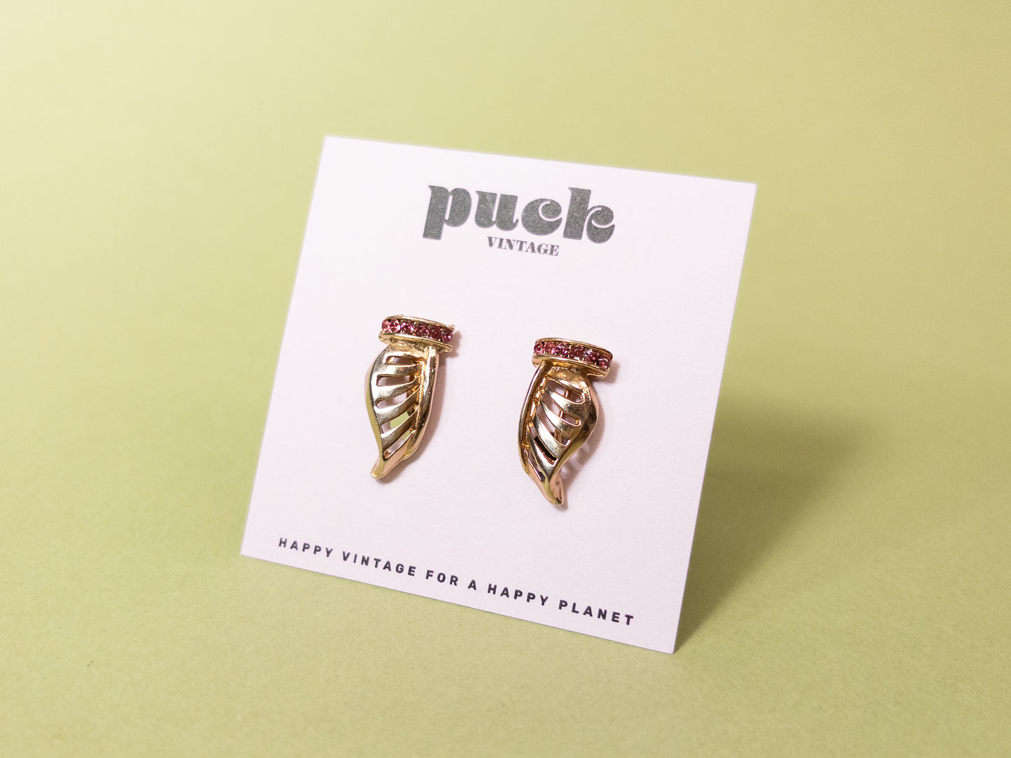 Vintage Gold Winged Pink Rhinestone Screwback Earrings