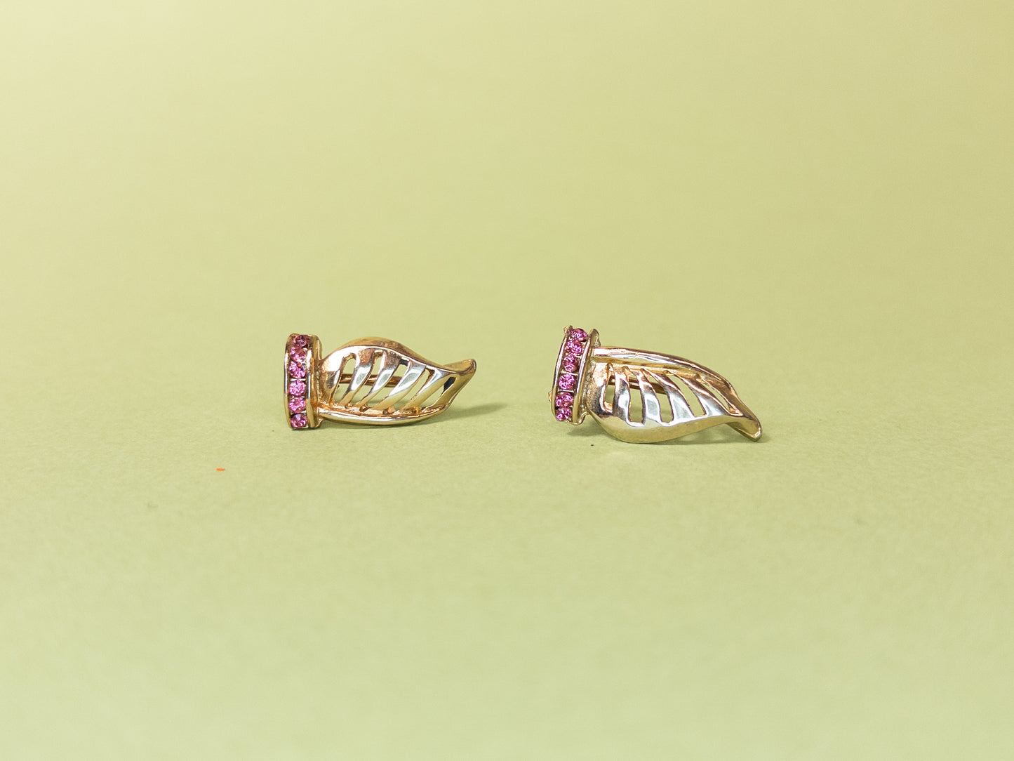 Vintage Gold Winged Pink Rhinestone Screwback Earrings