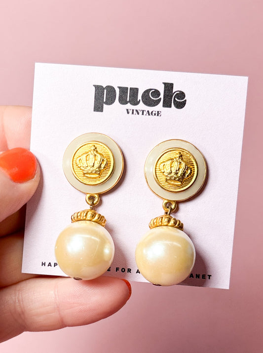 80's 90's Gold Crown & Pearl Dangle Earrings