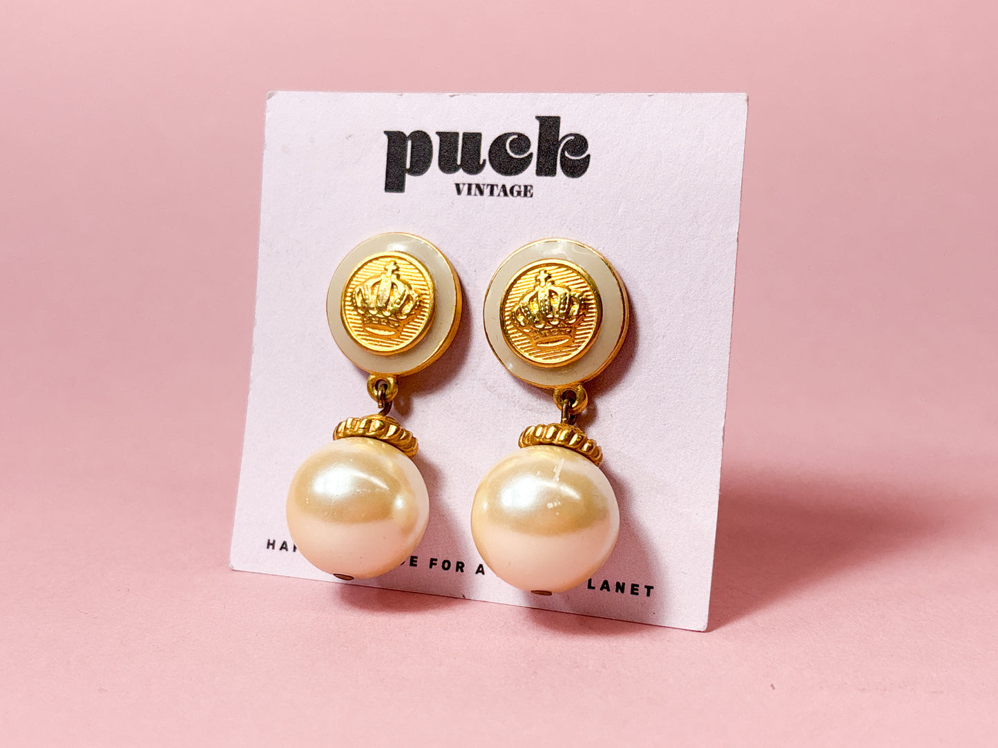80's 90's Gold Crown & Pearl Dangle Earrings