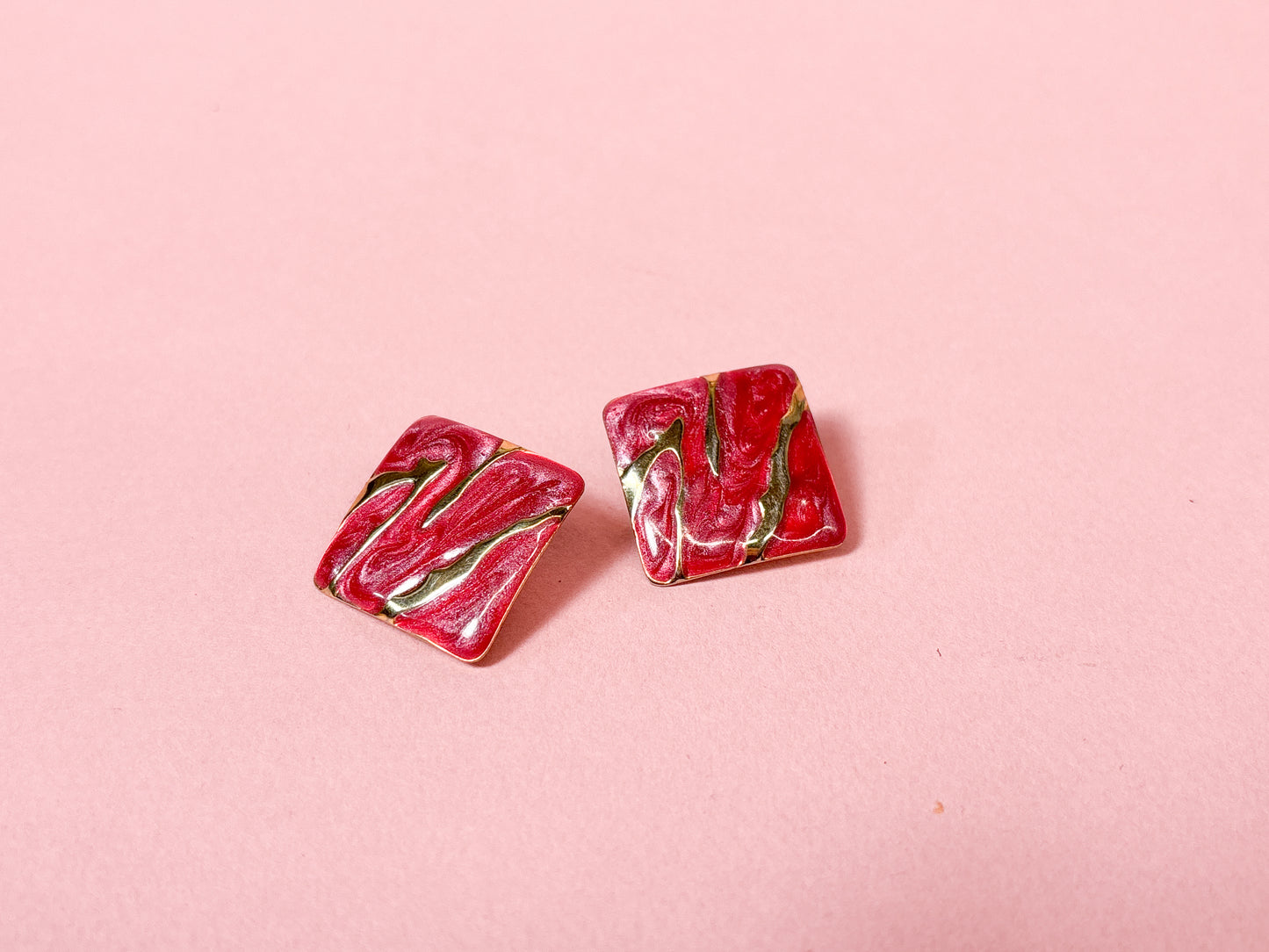 80's Berry Red Shimmer & Gold Square Clip Ons