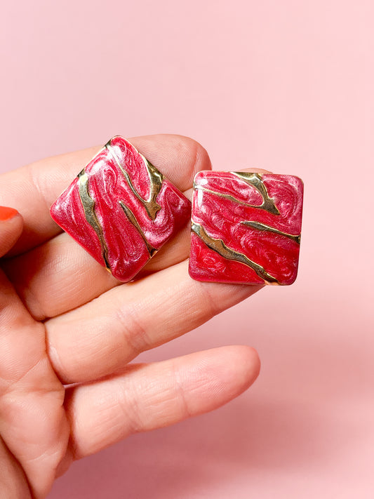 80's Berry Red Shimmer & Gold Square Clip Ons