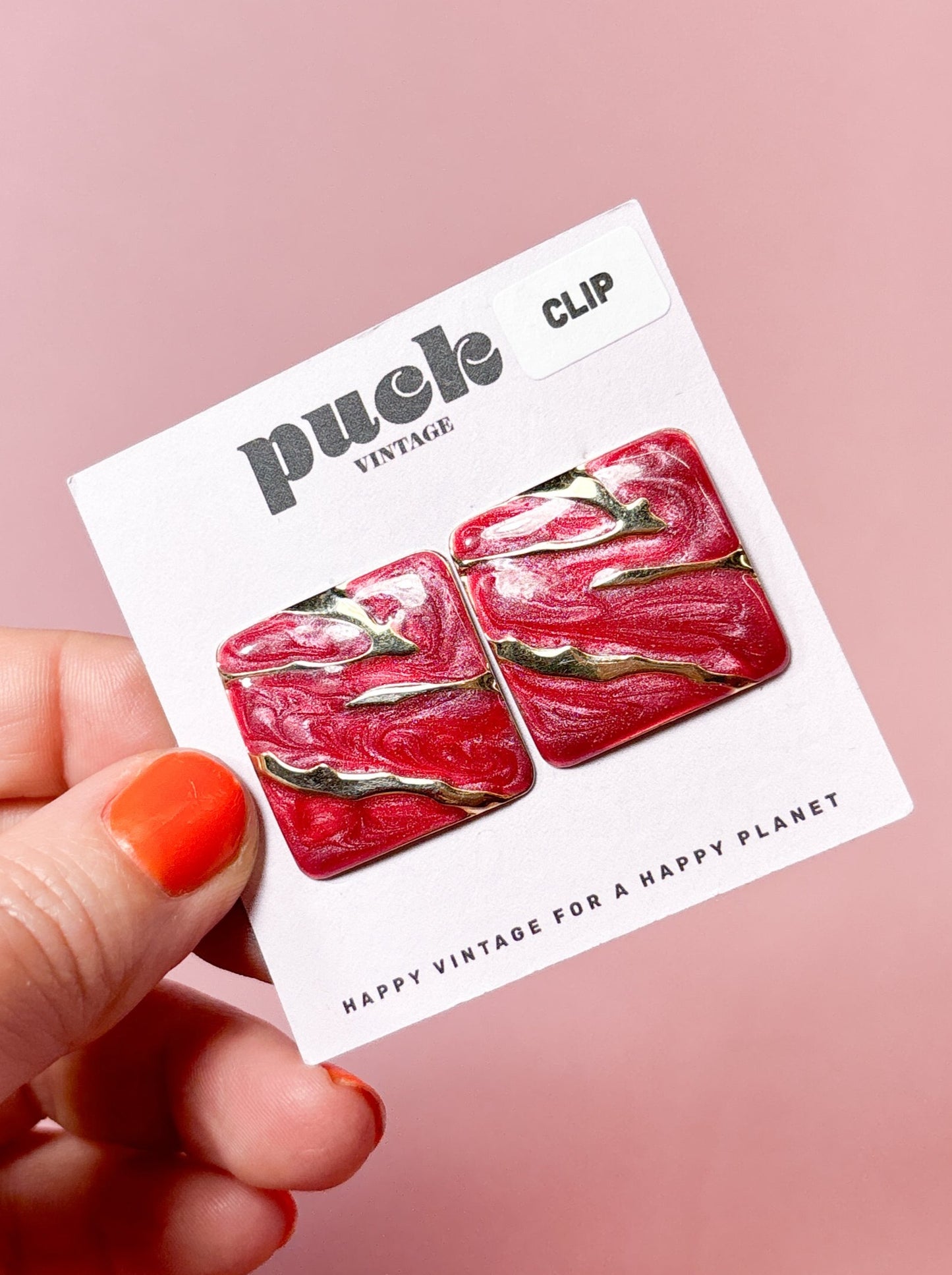 80's Berry Red Shimmer & Gold Square Clip Ons