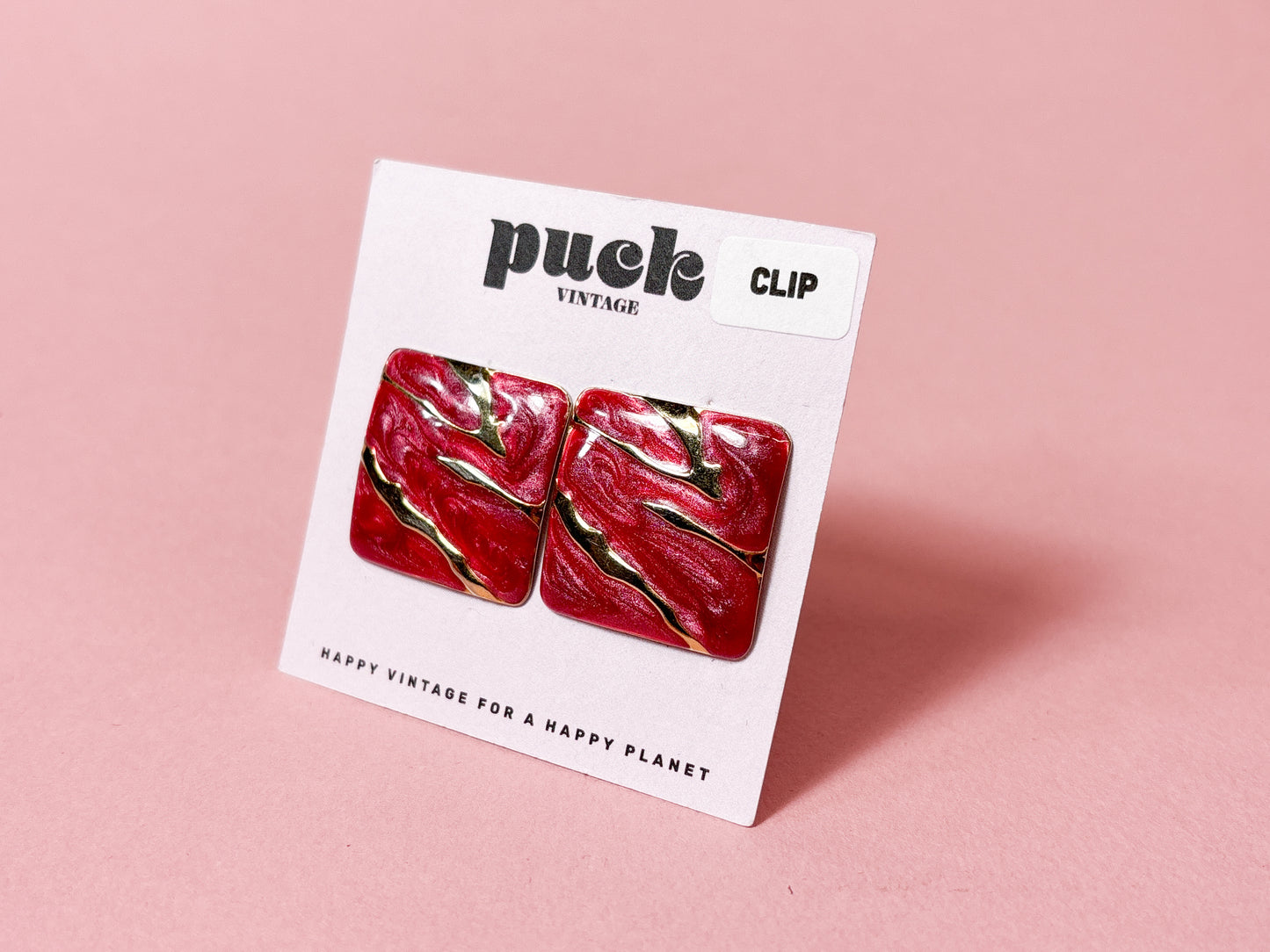 80's Berry Red Shimmer & Gold Square Clip Ons