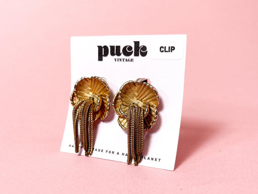 80's Gold 3D Flower with Dangle Chains Clip On Earrings