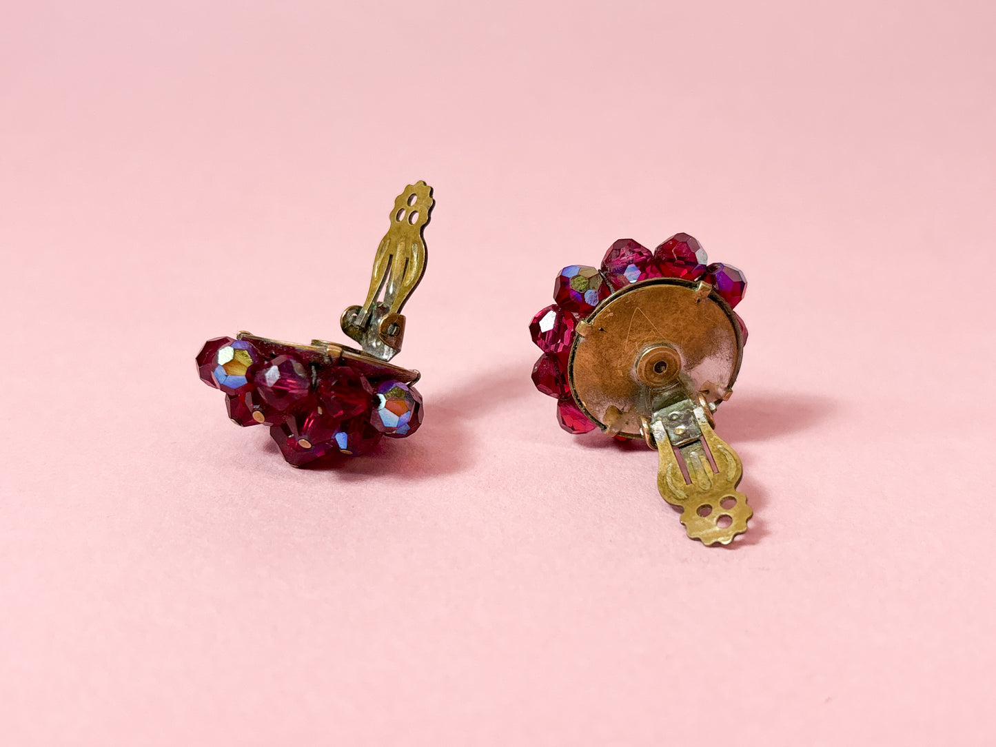60's Berry Red AB Cluster Clip On Earrings