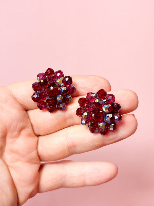 60's Berry Red AB Cluster Clip On Earrings