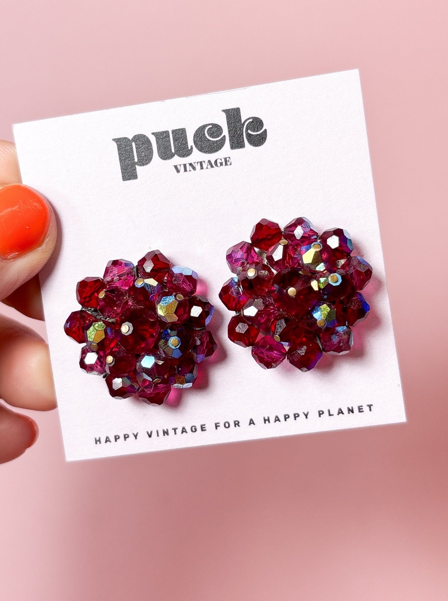 60's Berry Red AB Cluster Clip On Earrings